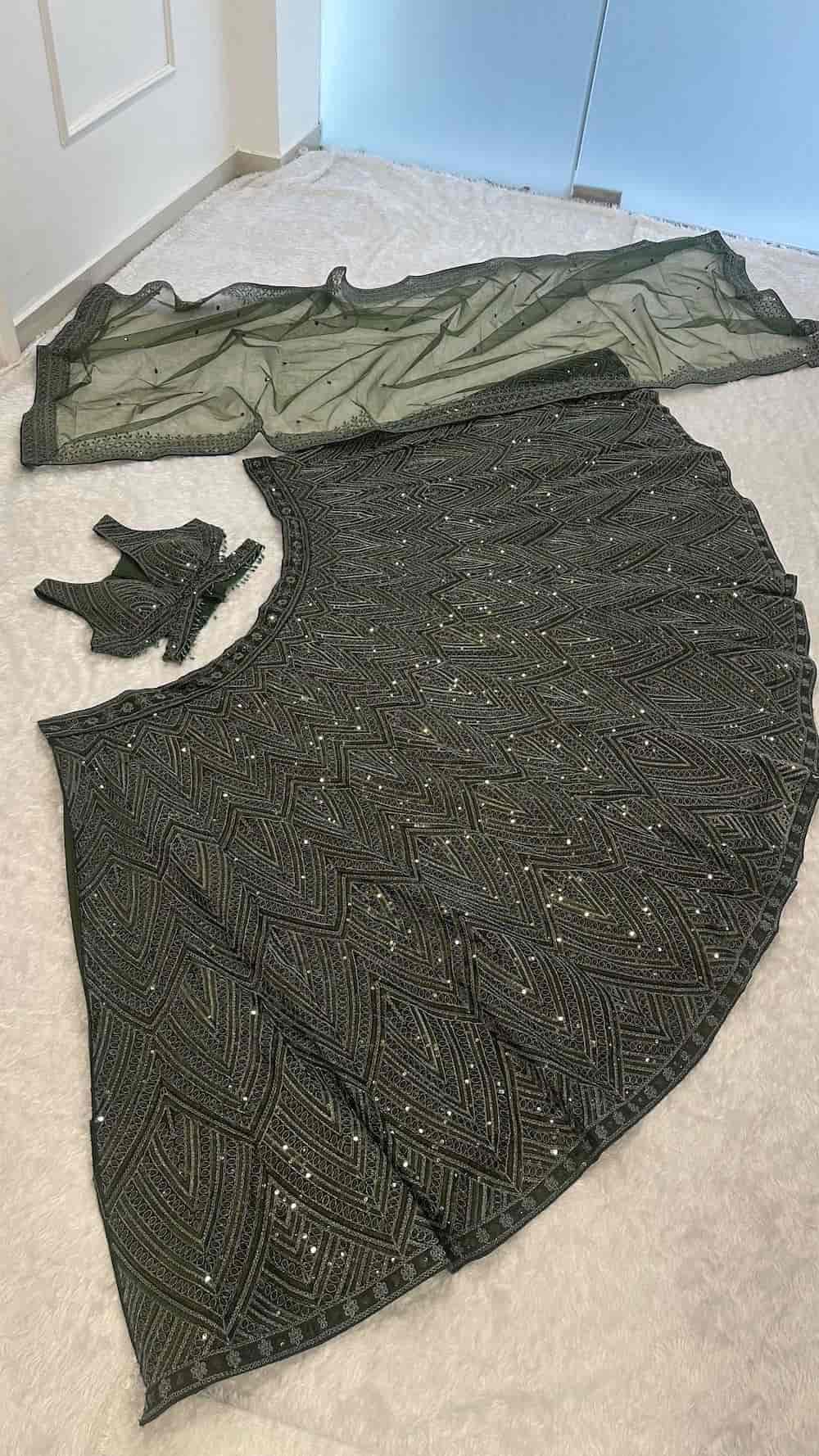 Deep Olive Chinon Embroidery Lehenga Choli