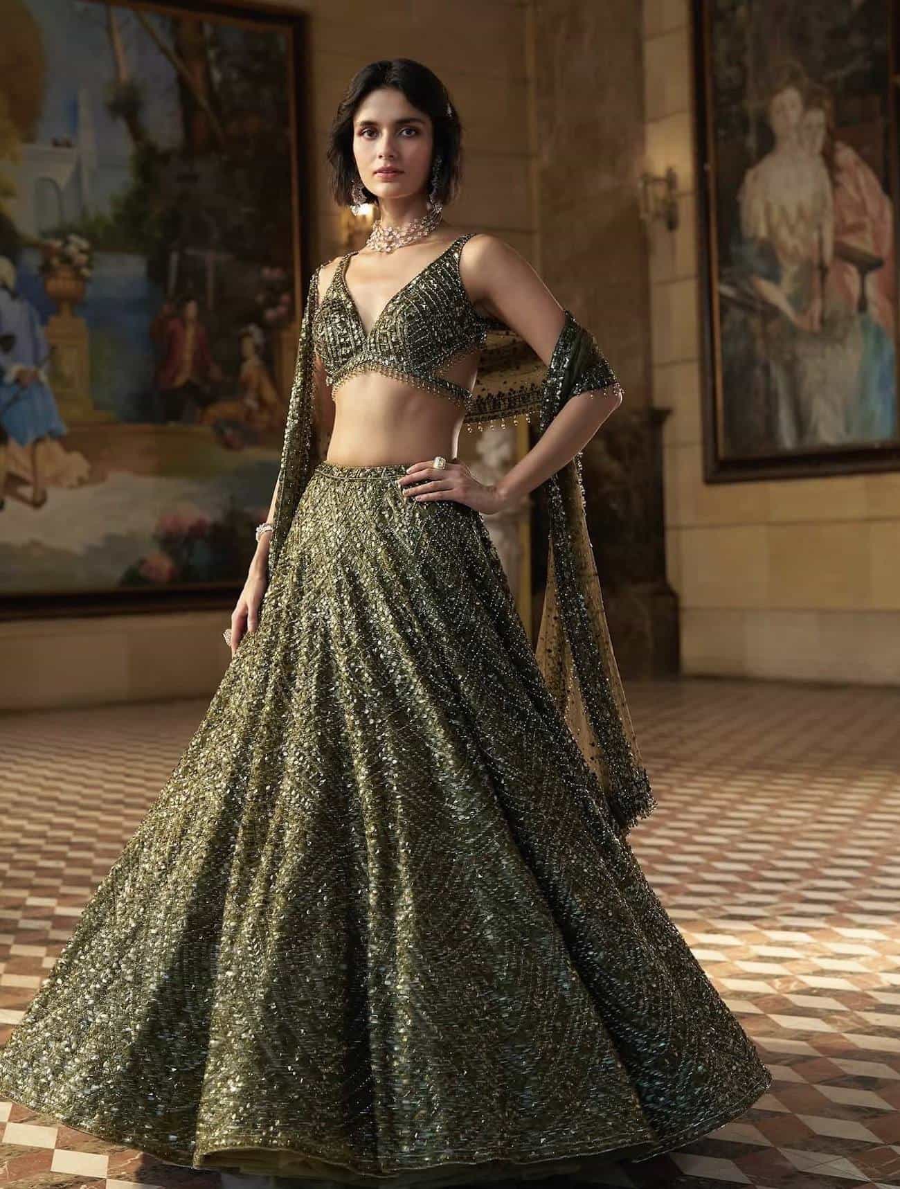 Deep Olive Chinon Embroidery Lehenga Choli
