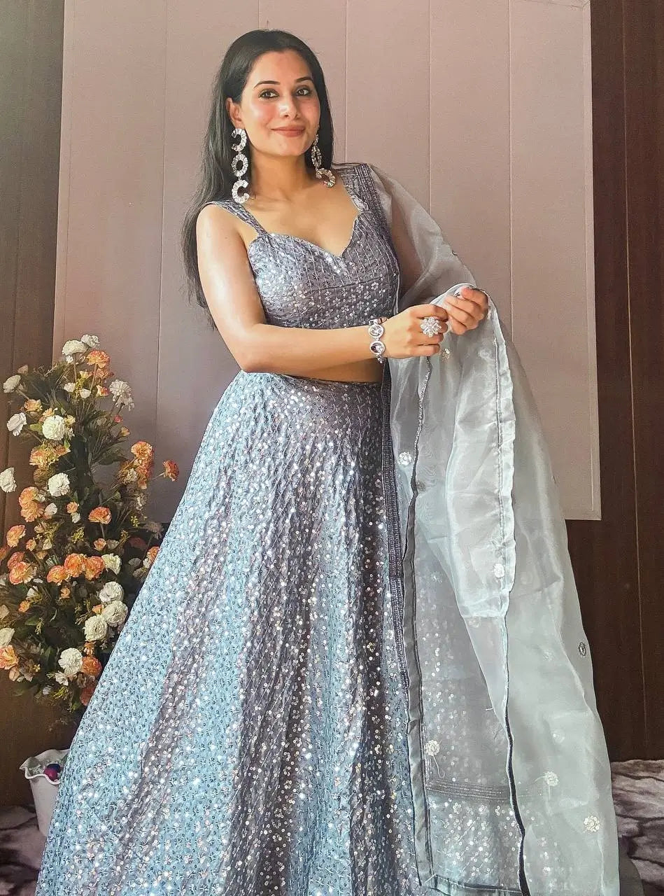 Silver Grey Kasturi Crepe Silk Sequence Embroidery Work Lehenga Choli