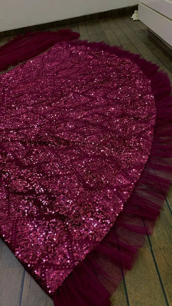 Wine Velvet Thread & Sequence Embroidery Work With Ruffle Border Lehenga Choli