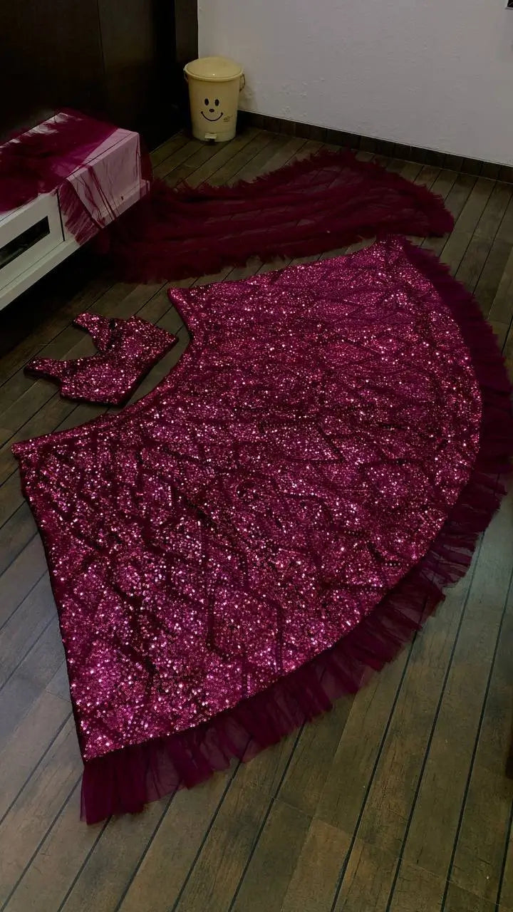 Wine Velvet Thread & Sequence Embroidery Work With Ruffle Border Lehenga Choli