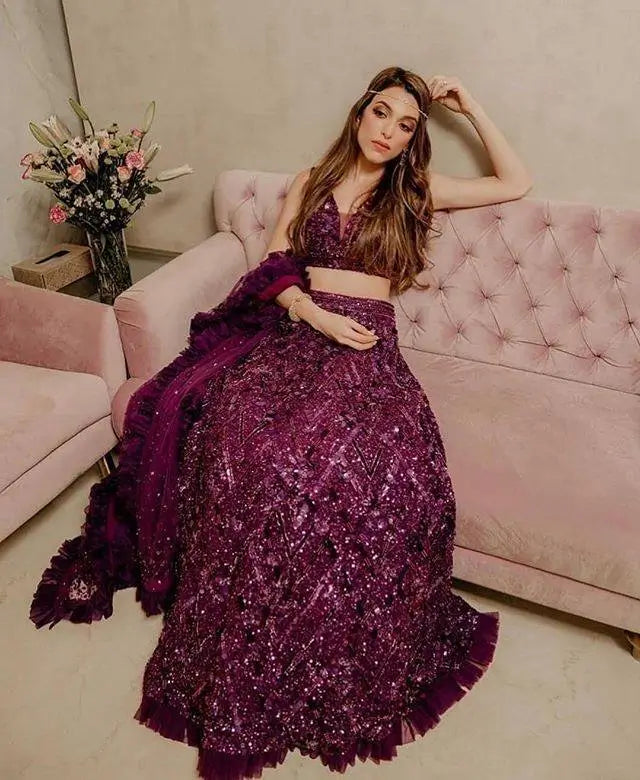 Wine Velvet Thread & Sequence Embroidery Work With Ruffle Border Lehenga Choli