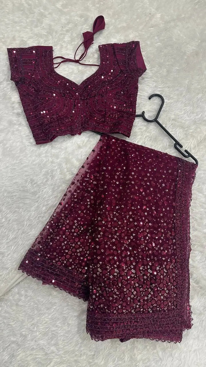 Wine Net Saree With Sequins & Dori Work
