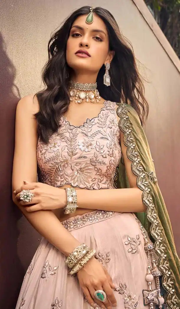 Off White Viscose Lehenga Choli With Motifs & Rich Embroidery