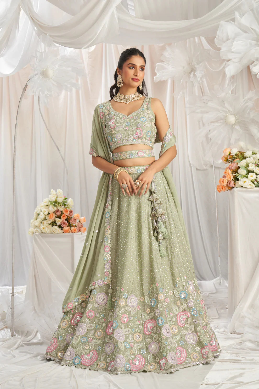 See Green Chiffon Lehenga with Sequins & Thread Embroidery