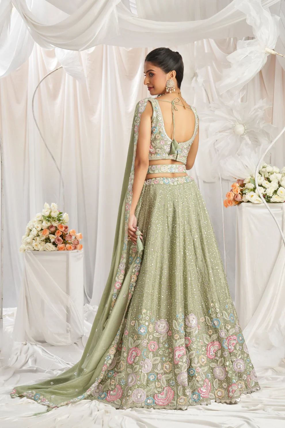 See Green Chiffon Lehenga with Sequins & Thread Embroidery
