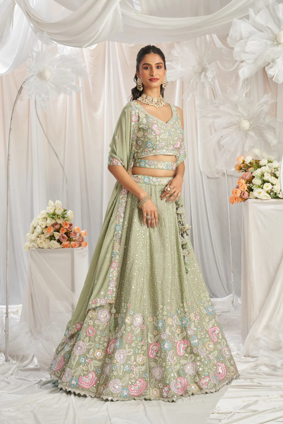 See Green Chiffon Lehenga with Sequins & Thread Embroidery