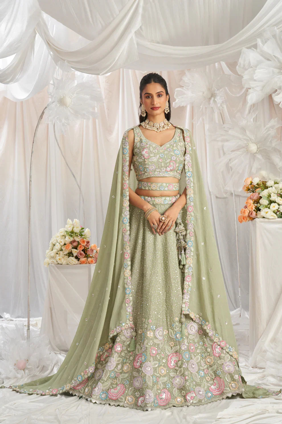 See Green Chiffon Lehenga with Sequins & Thread Embroidery