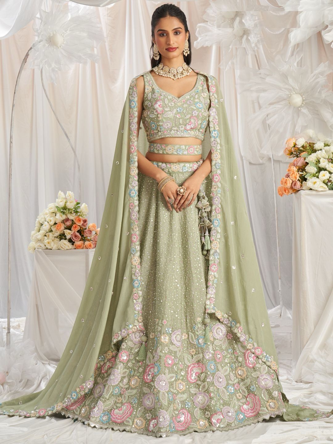 See Green Chiffon Lehenga with Sequins & Thread Embroidery