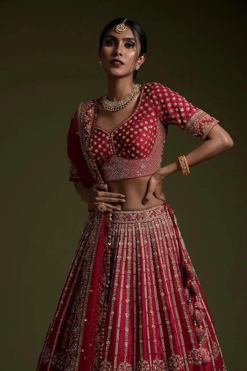 Red Rangoon Silk Sequence, Thread & Dori Work Lehenga Choli