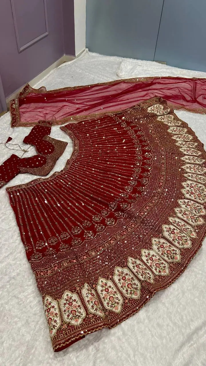 Red Rangoon Silk Sequence, Thread & Dori Work Lehenga Choli