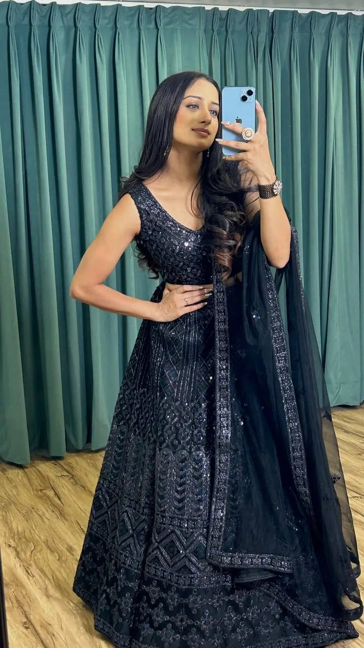 Hot Black Net Lehenga Choli Dori & Sequence Embroidery Work Lehenga Choli
