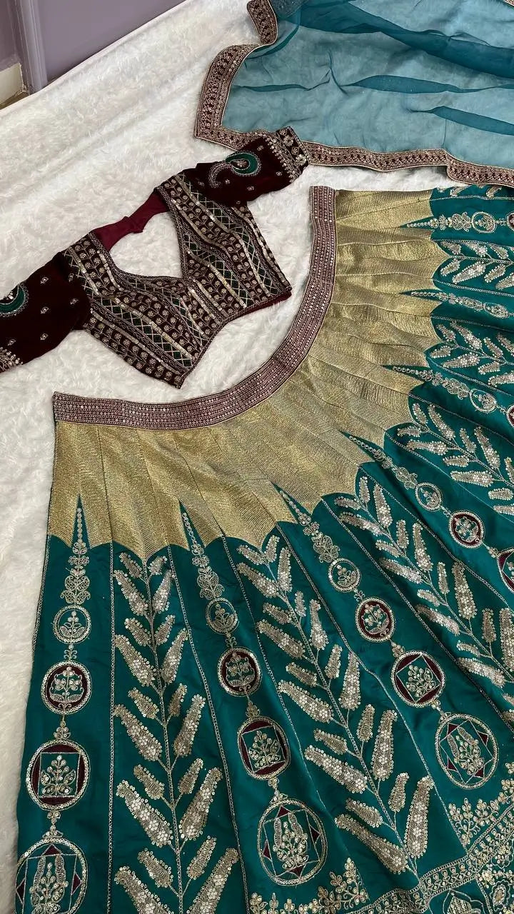 Green Mul Mul Silk Lehenga Choli With Thread, Zari & Sequence embroidery Work