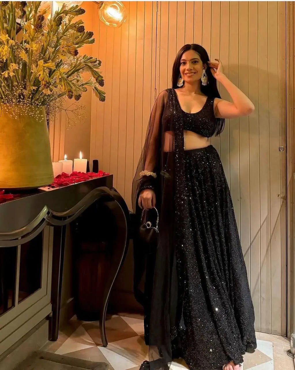 Black Georgette Sequence Embroidery Work Lehenga Choli