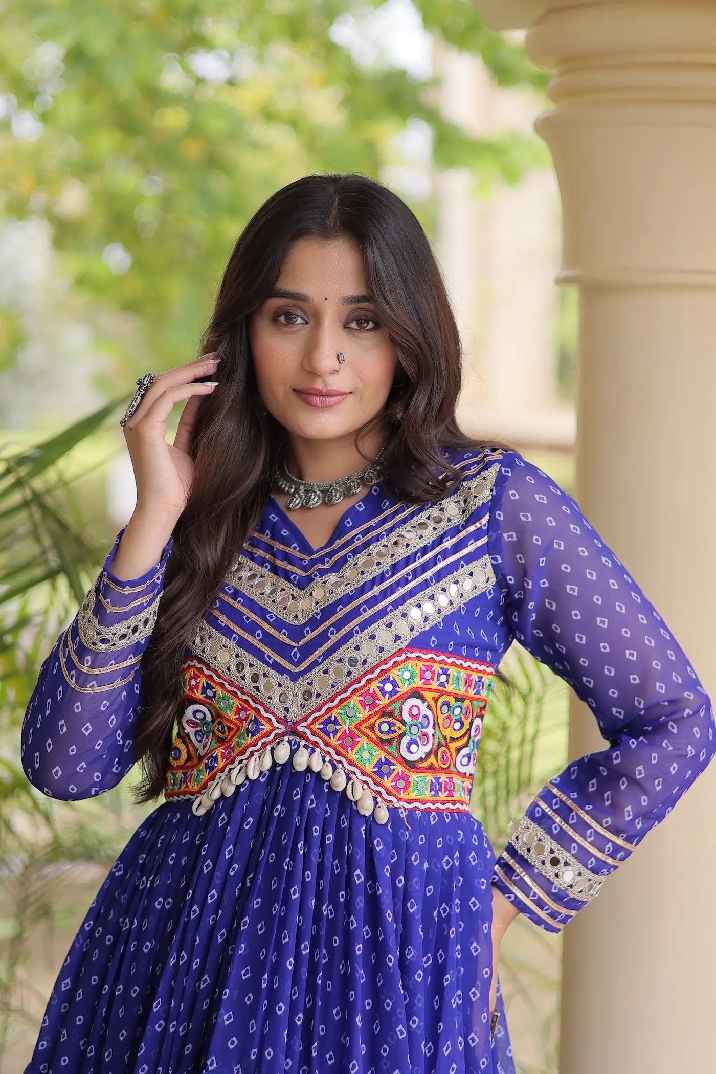 Blue Navratri Gown With Bandhani Print & Gamthi Patch Work