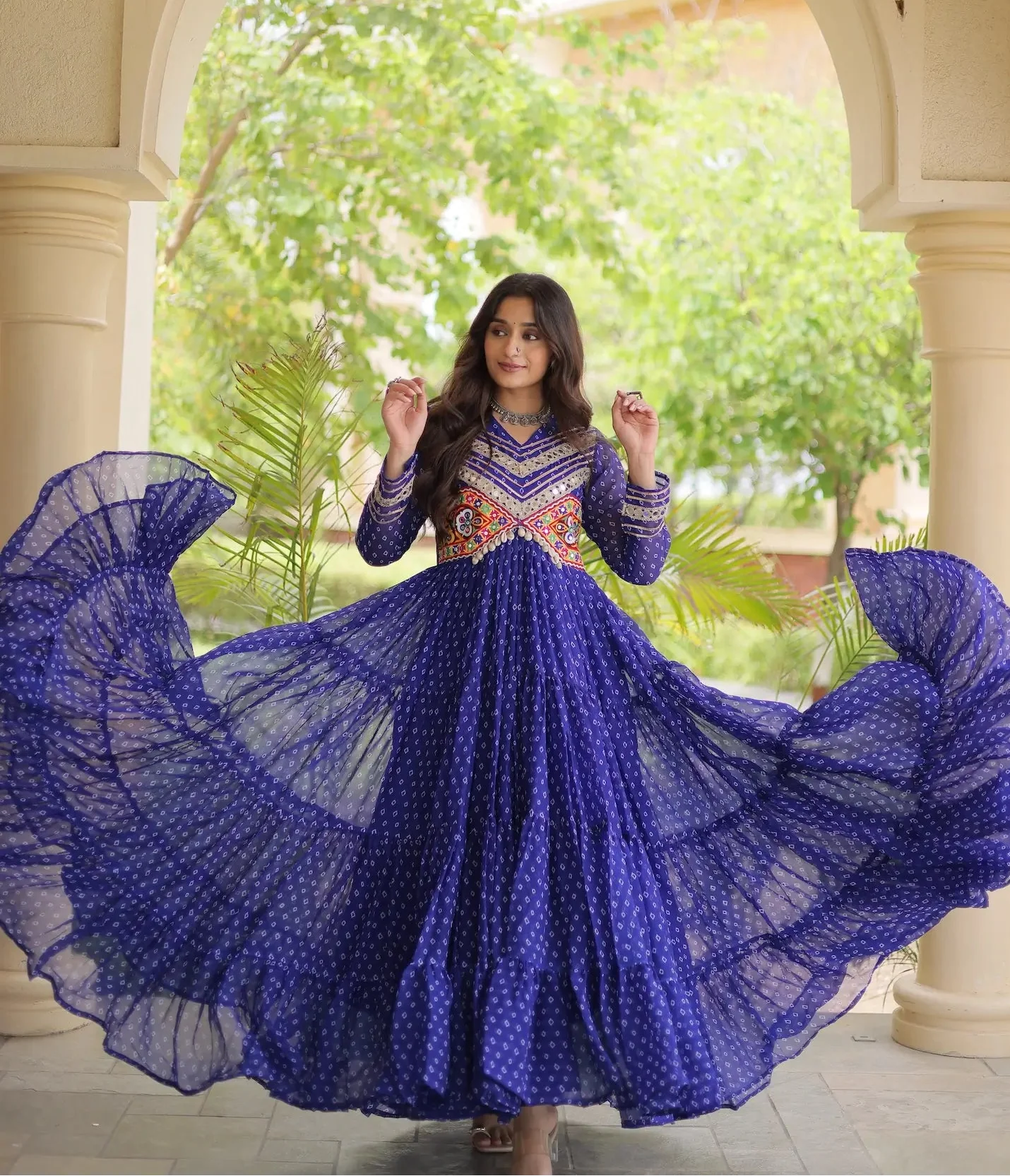 Blue Navratri Gown With Bandhani Print & Gamthi Patch Work