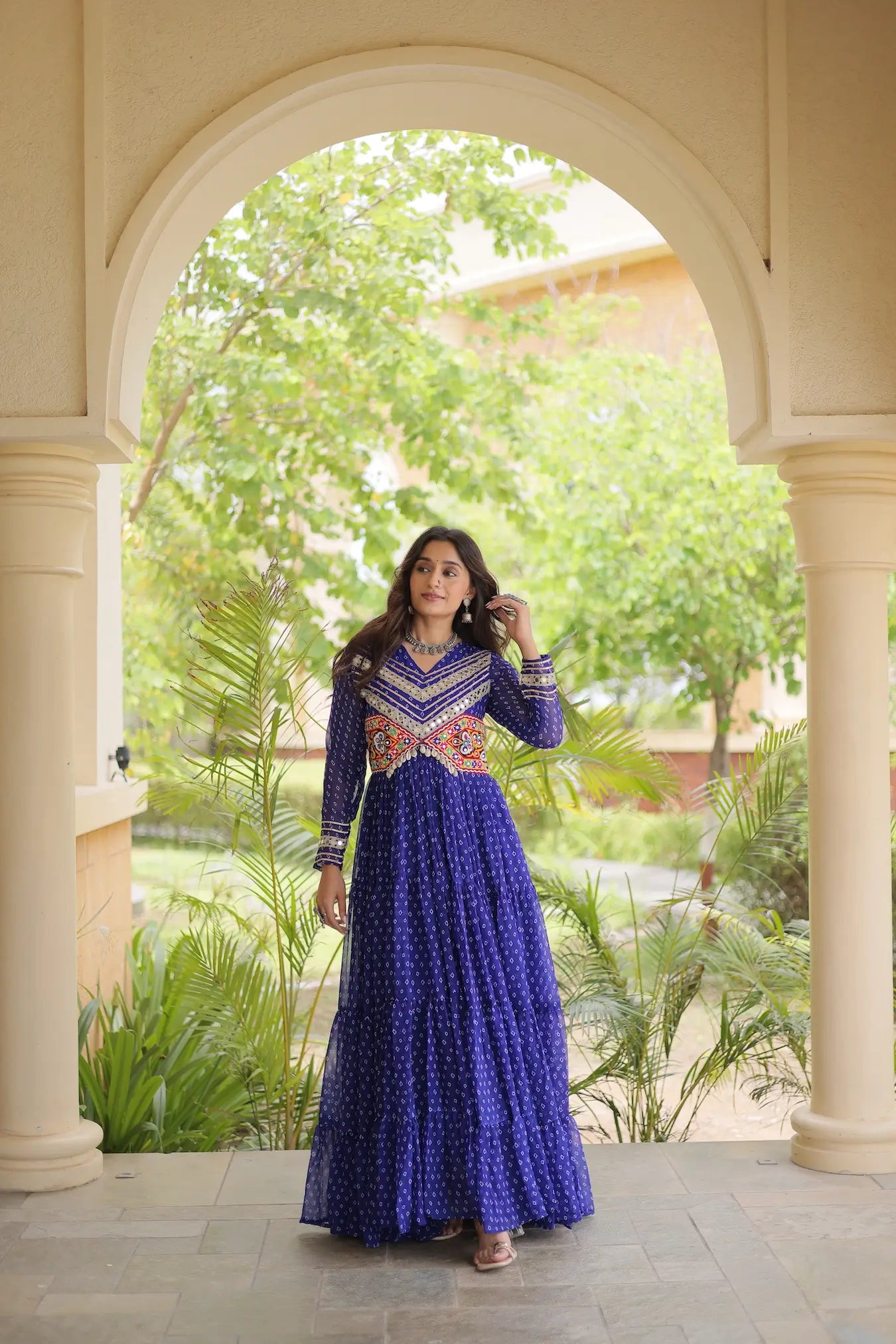 Blue Navratri Gown With Bandhani Print & Gamthi Patch Work