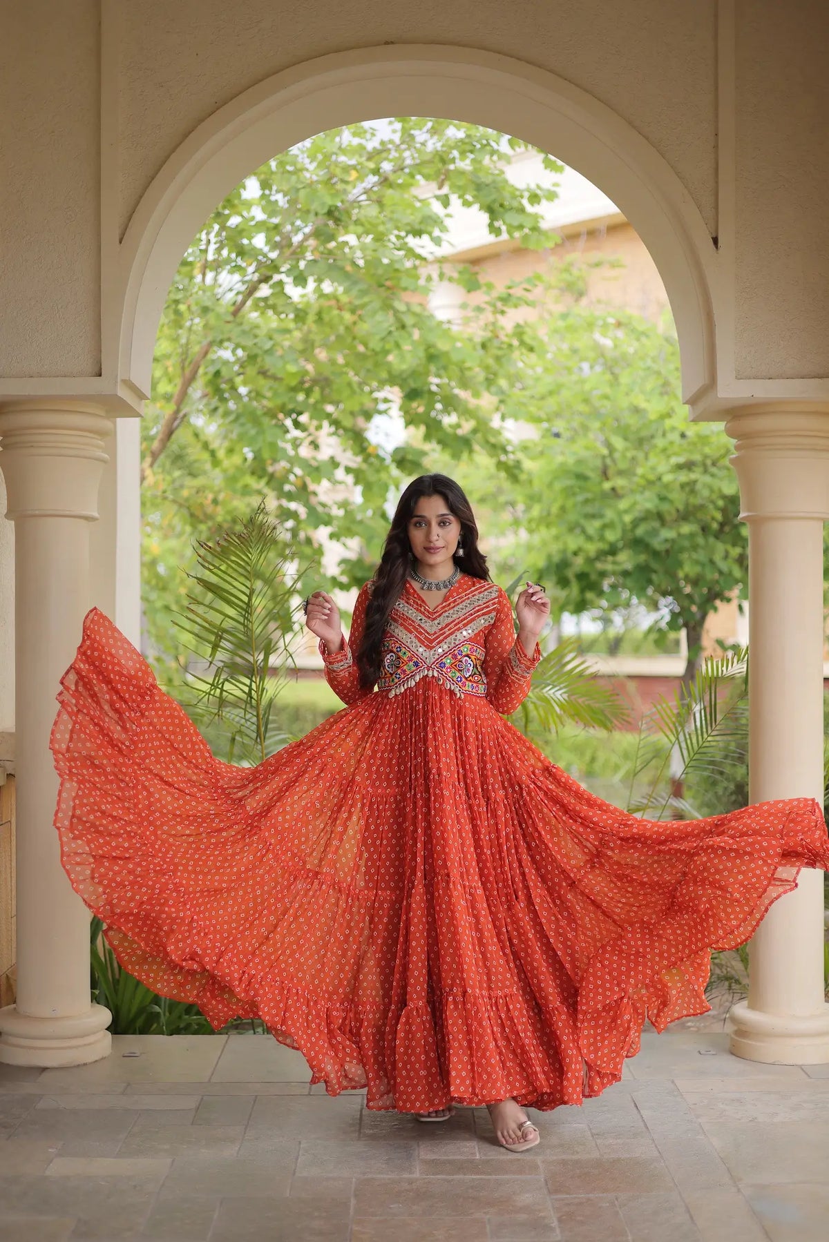 Orange Navratri Gown With Bandhani Print & Gamthi Patch Work