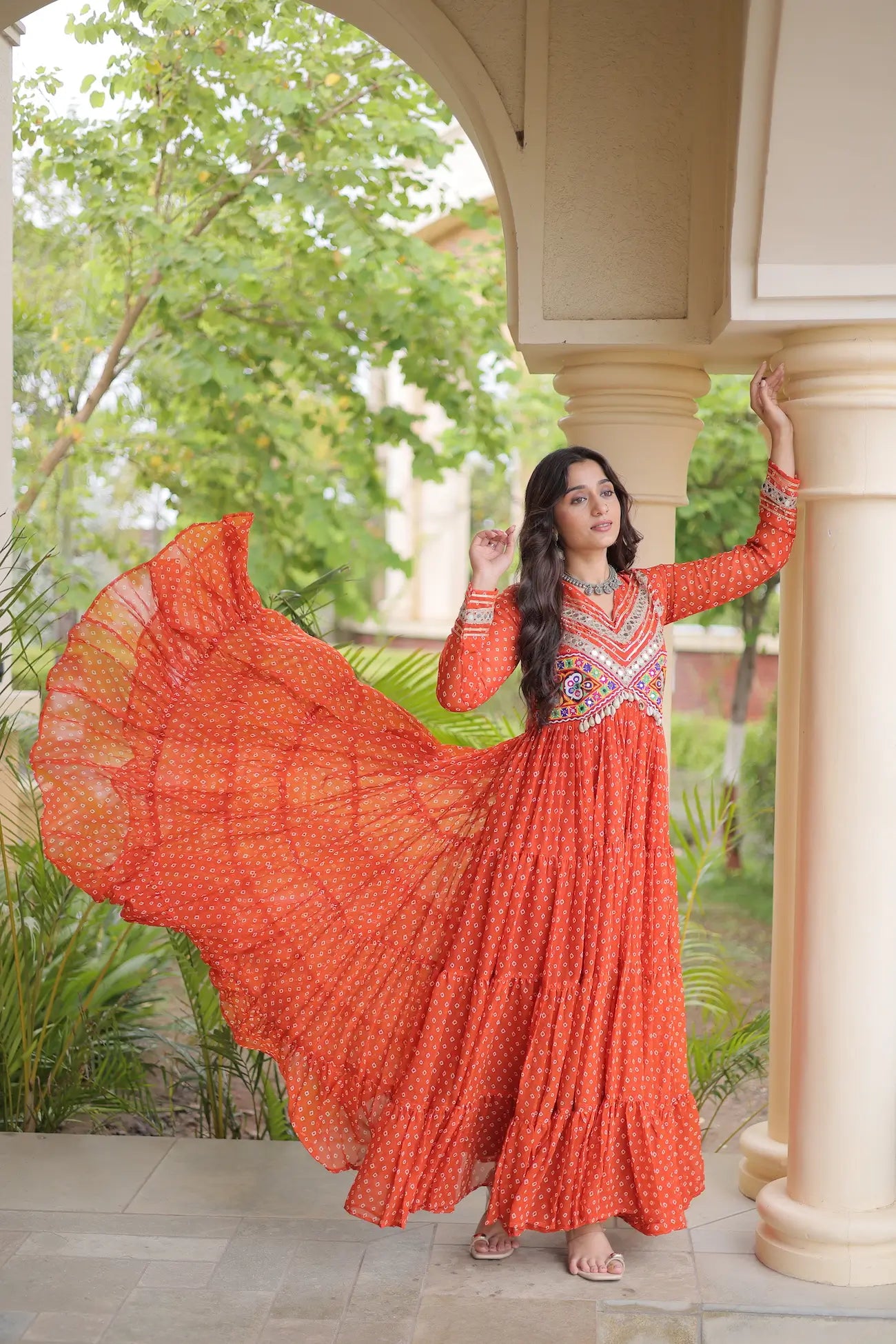 Orange Navratri Gown With Bandhani Print & Gamthi Patch Work