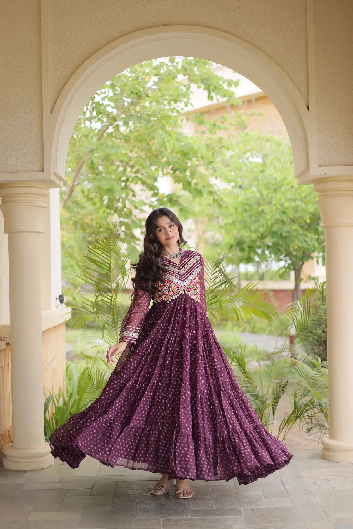 Wine Navratri Gown With Bandhani Print & Gamthi Patch Work