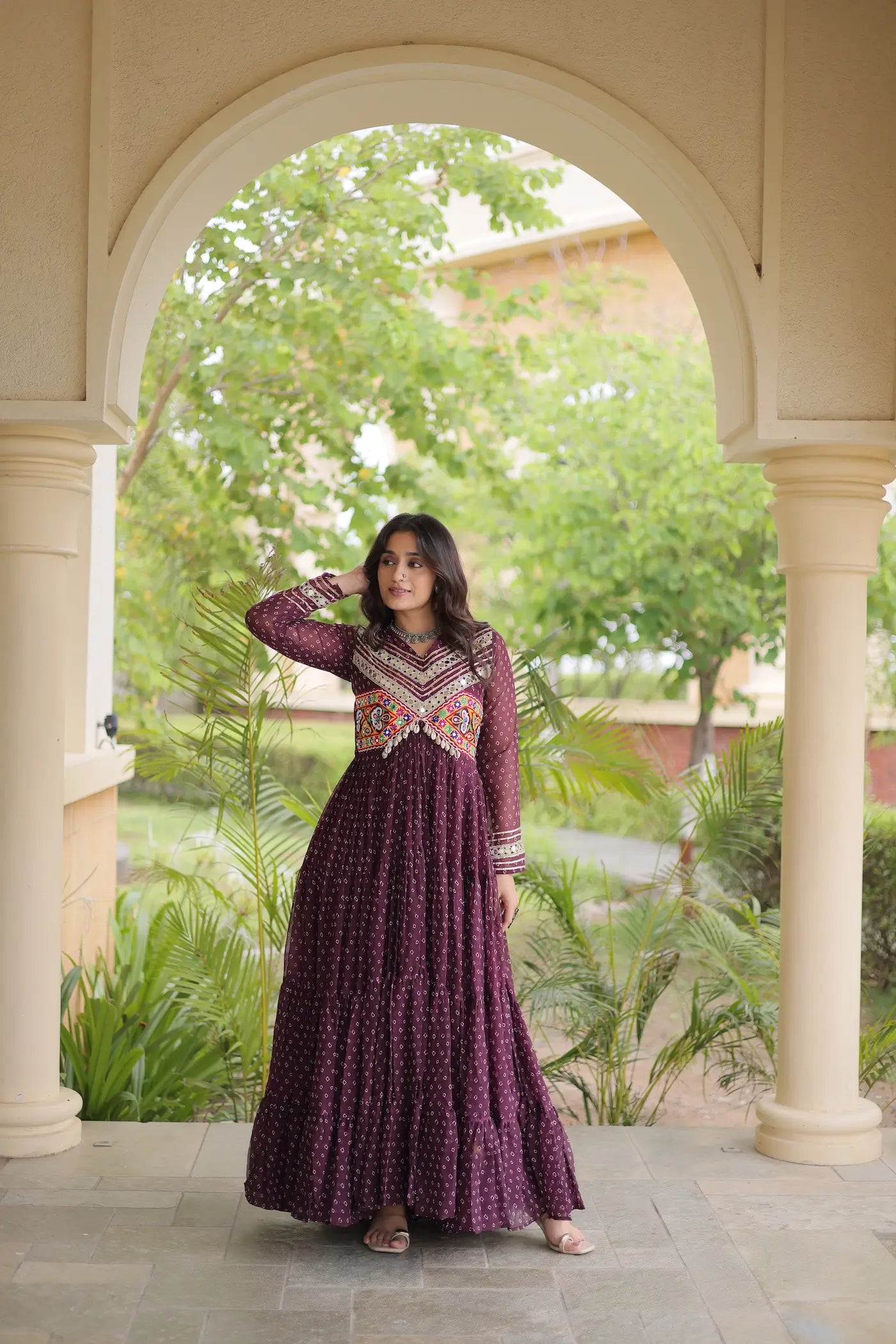 Wine Navratri Gown With Bandhani Print & Gamthi Patch Work