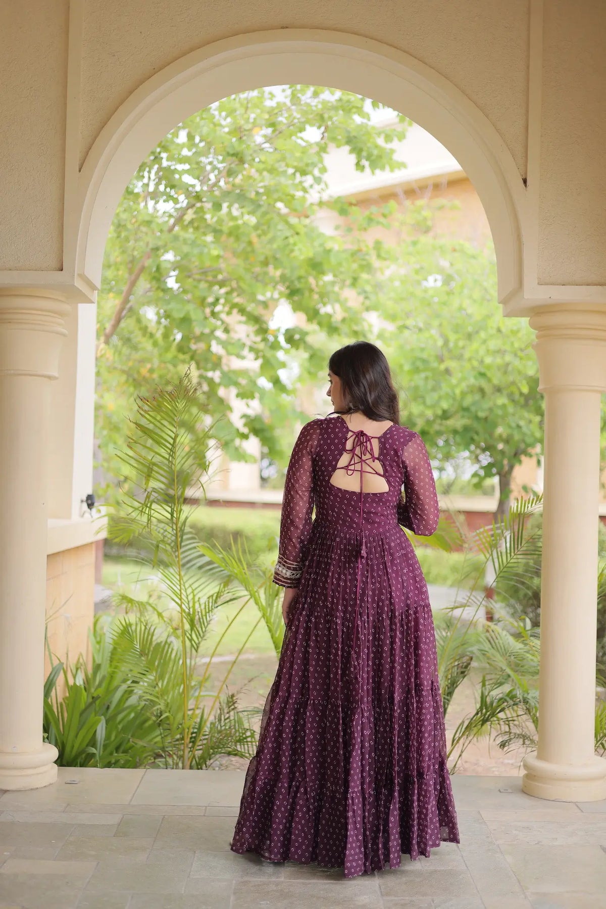 Wine Navratri Gown With Bandhani Print & Gamthi Patch Work