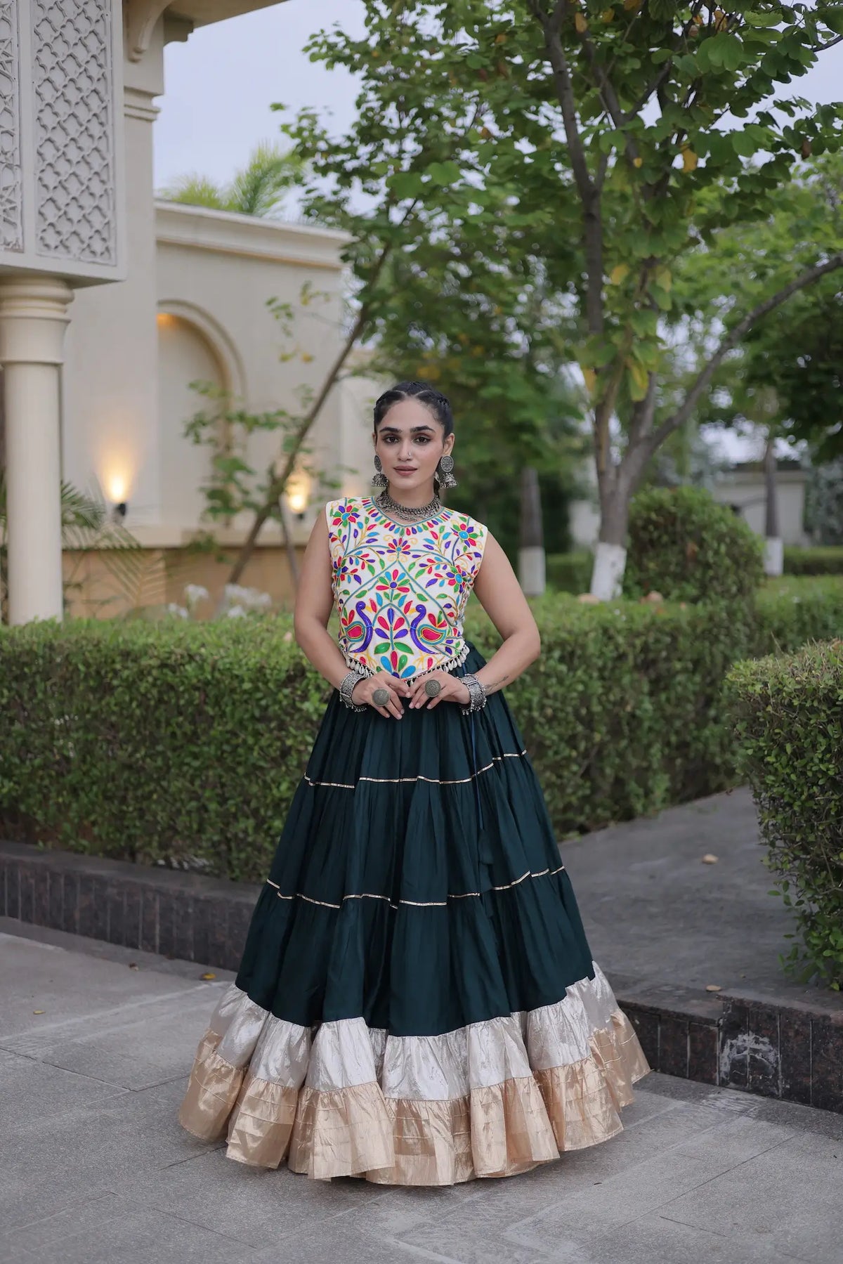 Bottle Green Garba Chaniya Choli With Kutchi Work Blouse