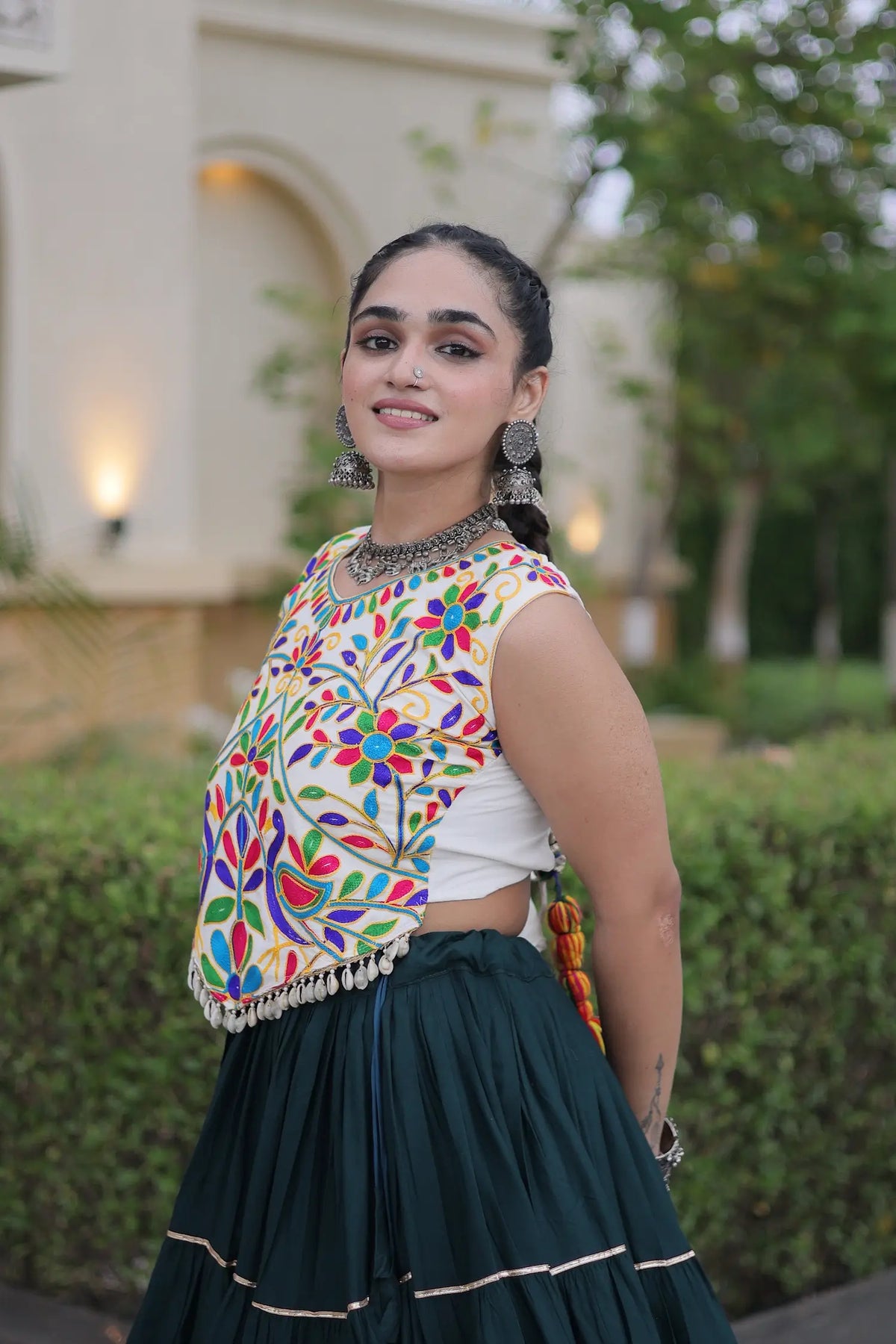 Bottle Green Garba Chaniya Choli With Kutchi Work Blouse