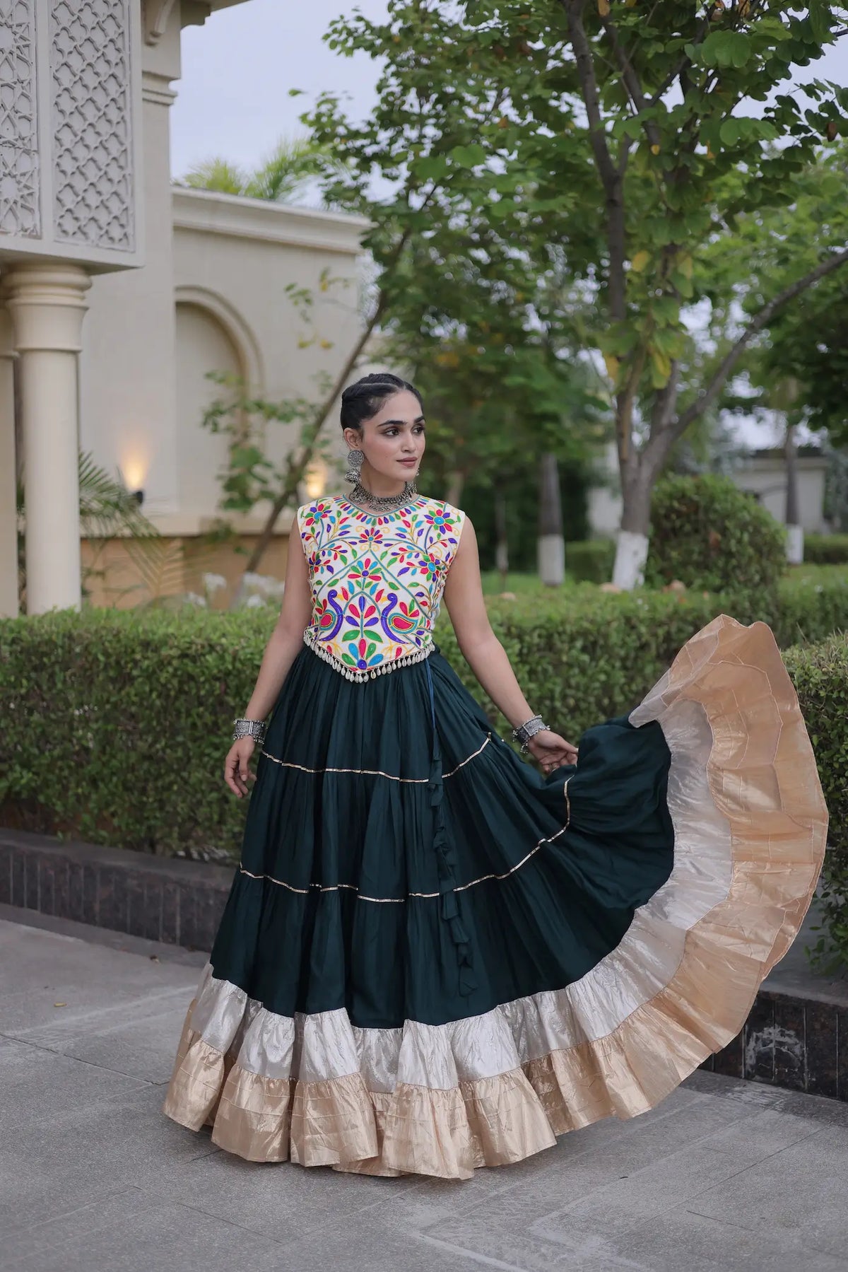 Bottle Green Garba Chaniya Choli With Kutchi Work Blouse