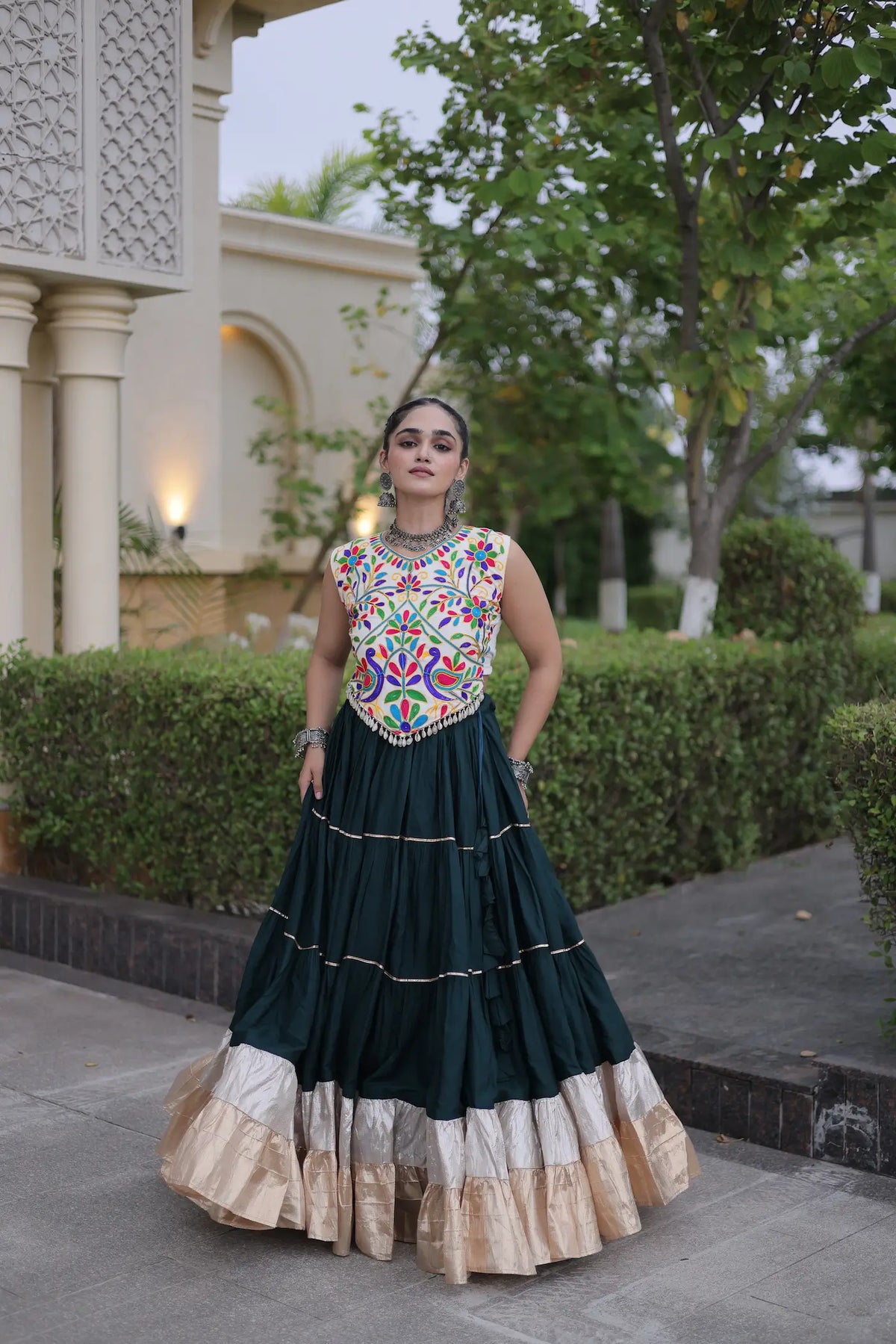 Bottle Green Garba Chaniya Choli With Kutchi Work Blouse