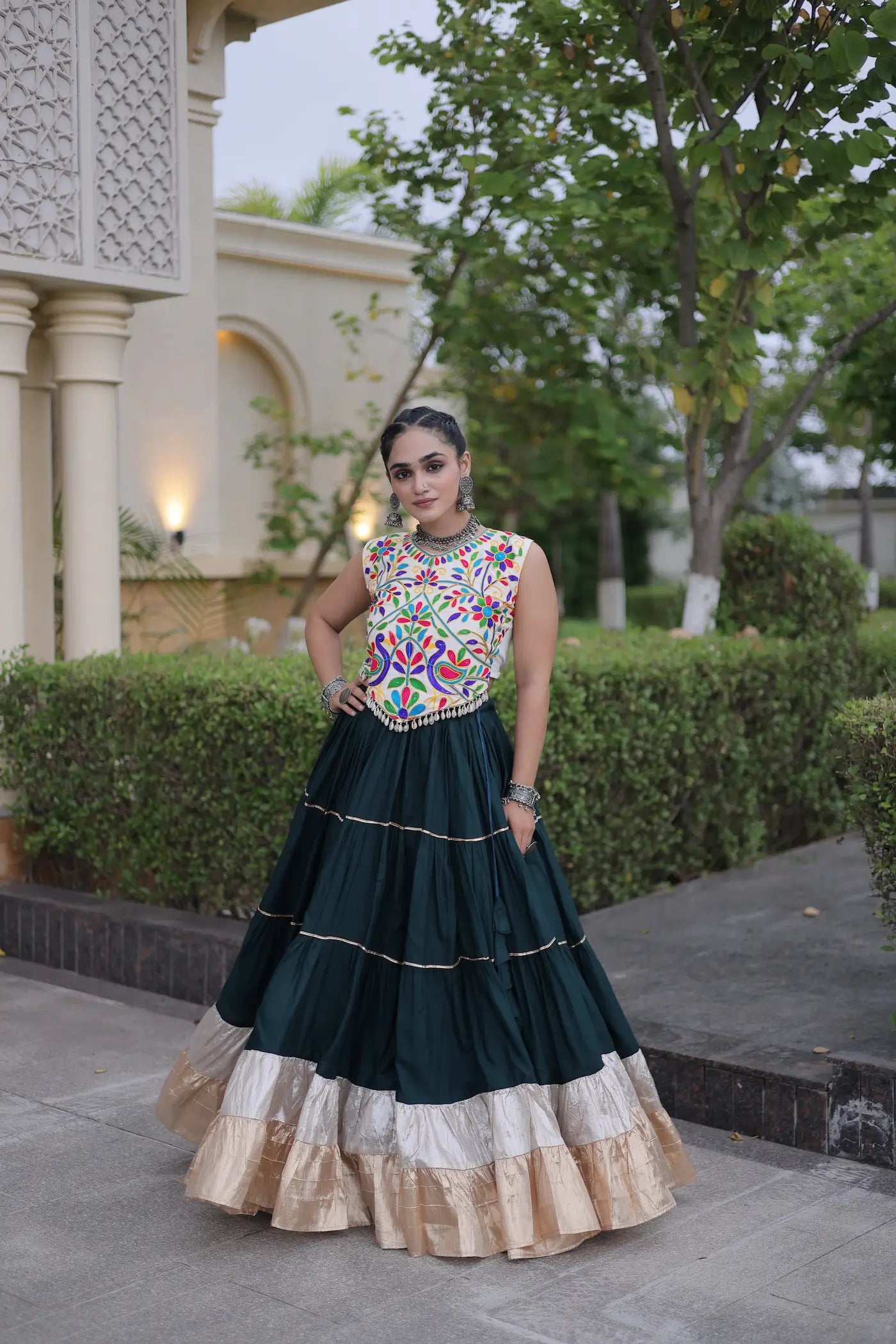 Bottle Green Garba Chaniya Choli With Kutchi Work Blouse