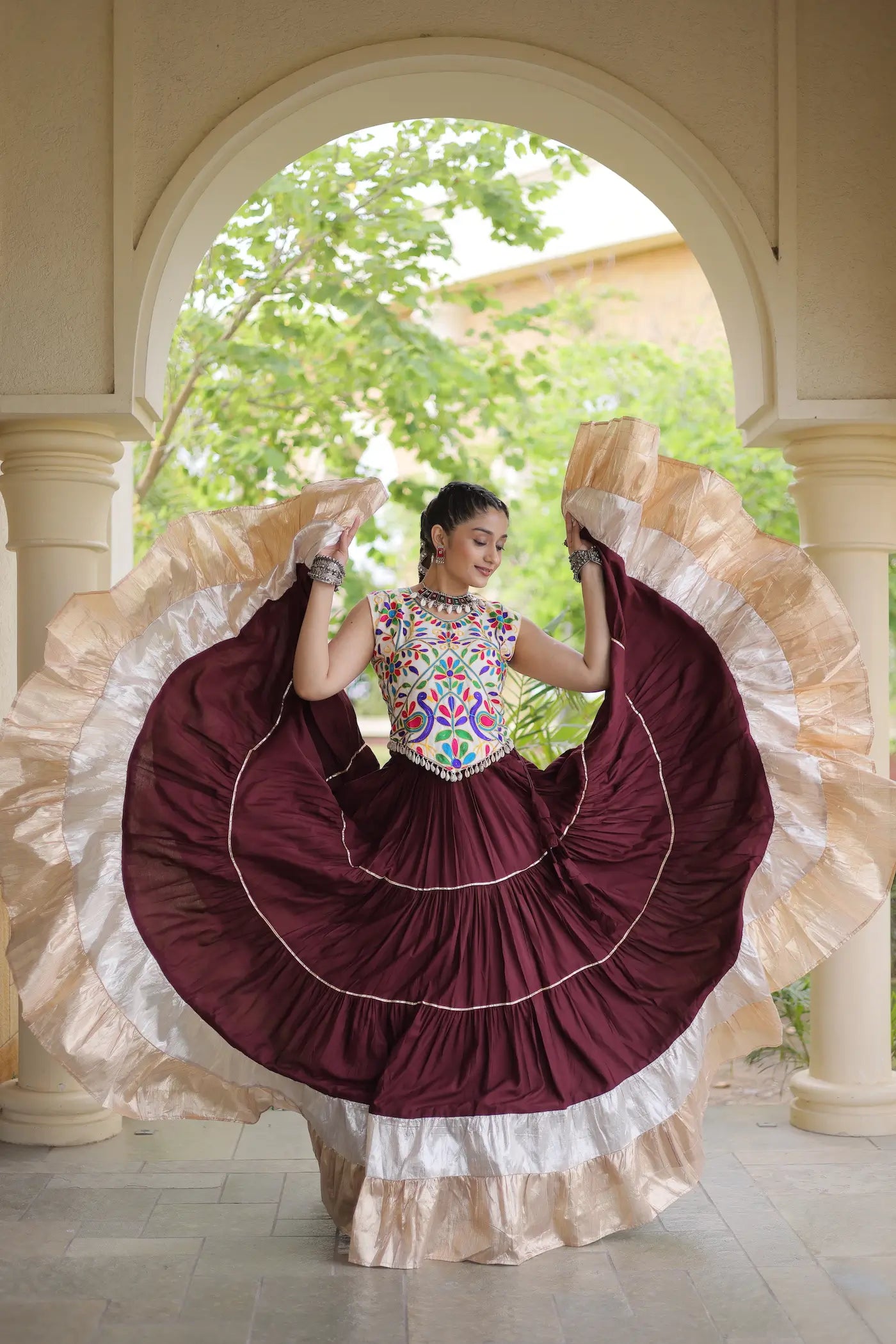 Brown Garba Chaniya Choli With Kutchi Work Blouse
