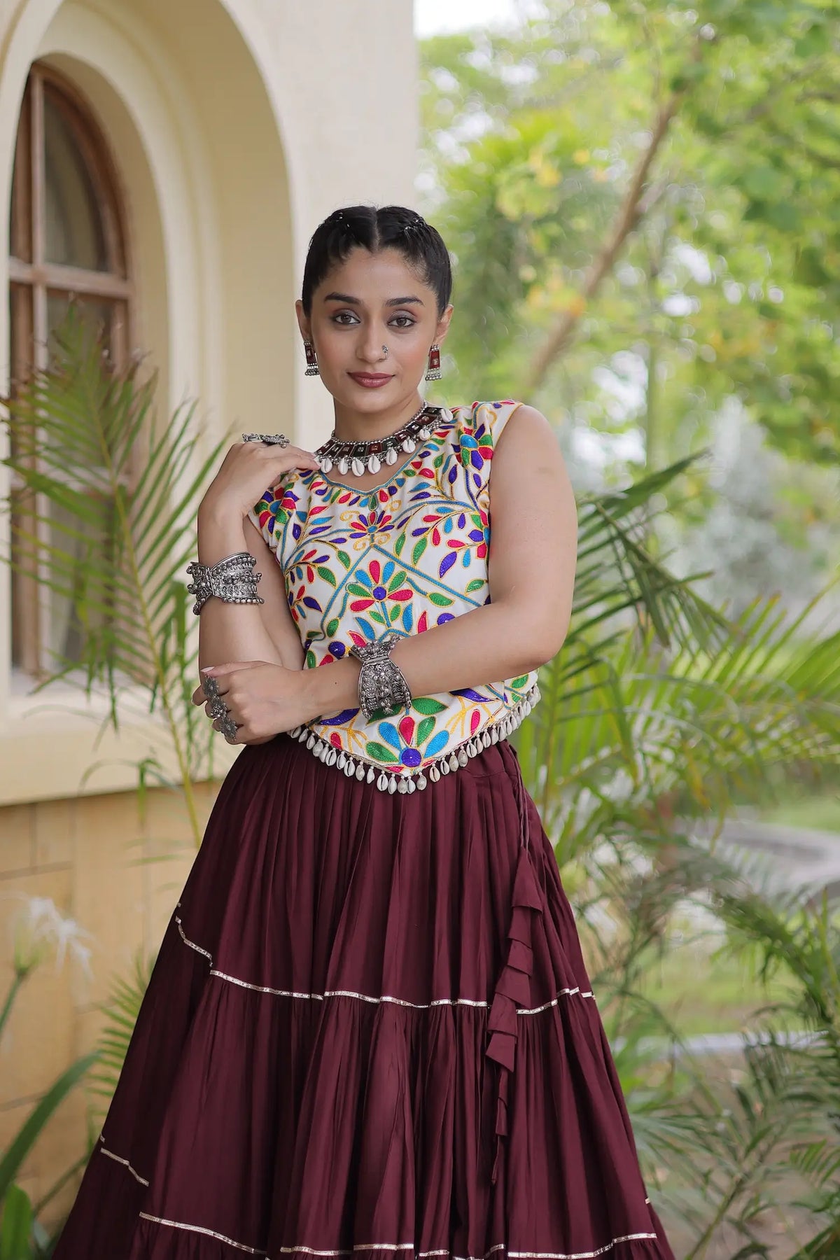 Brown Garba Chaniya Choli With Kutchi Work Blouse