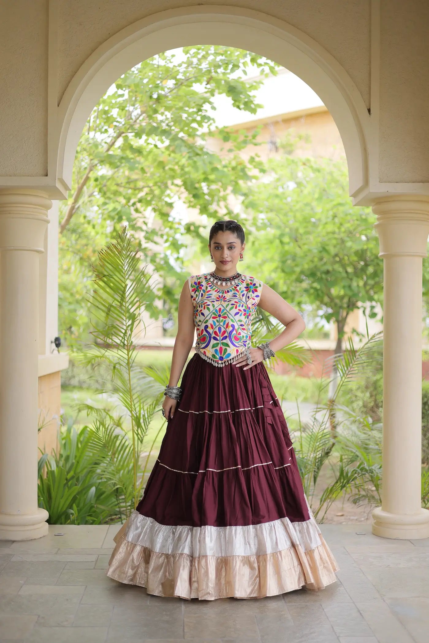 Brown Garba Chaniya Choli With Kutchi Work Blouse
