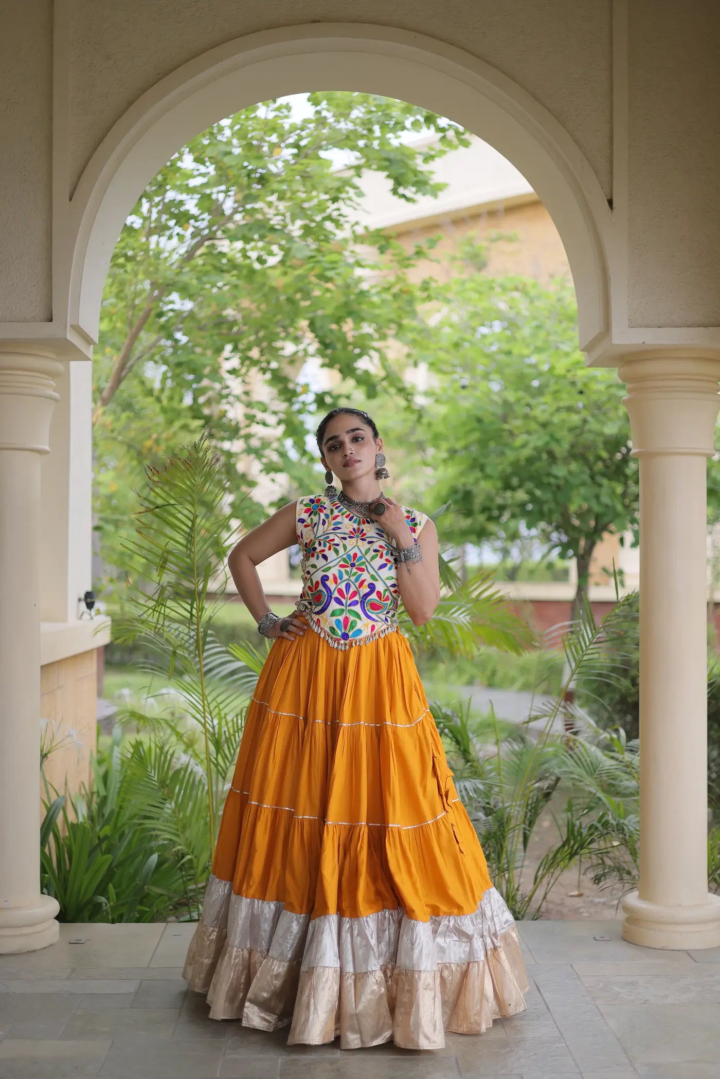 Mustard Garba Chaniya Choli With Kutchi Work Blouse