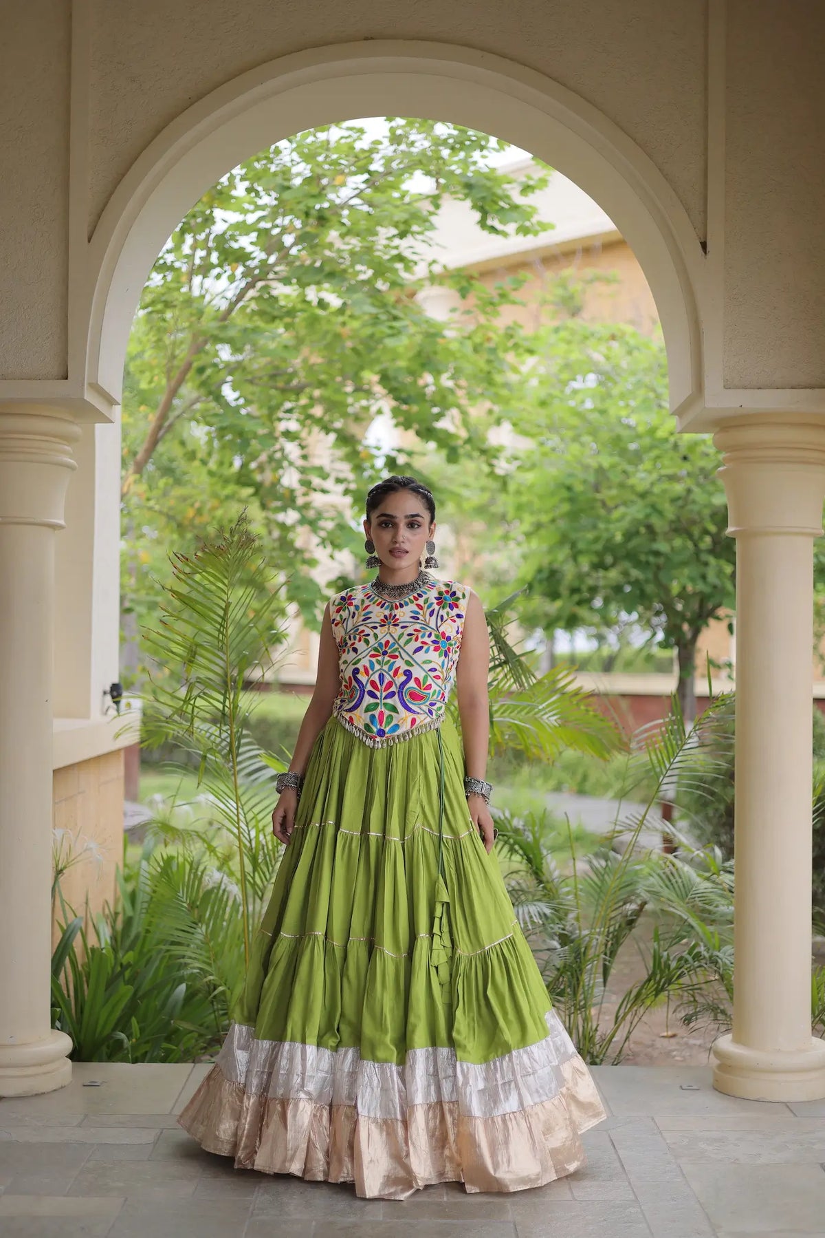 Parrot Green Garba Chaniya Choli With Kutchi Work Blouse