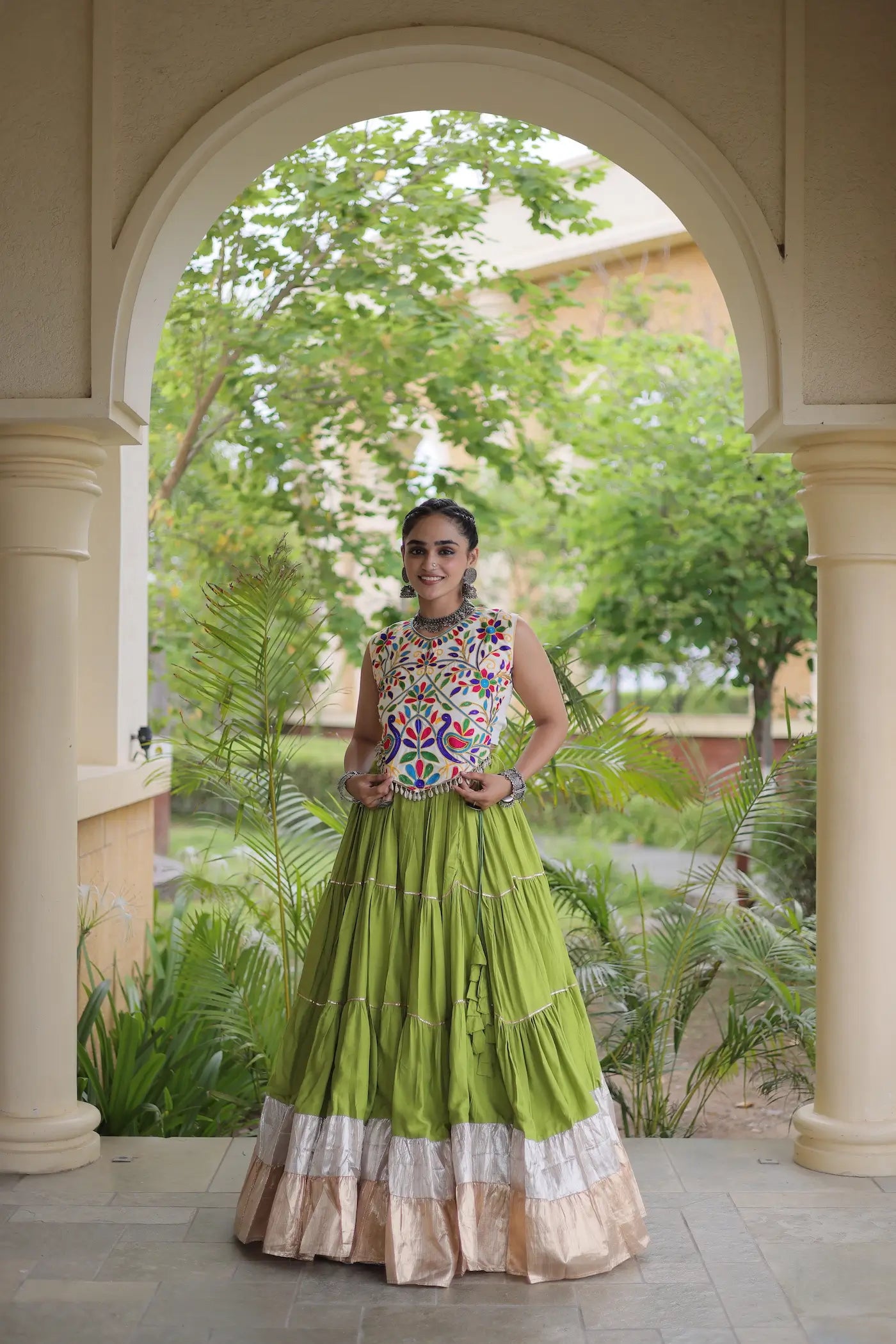 Parrot Green Garba Chaniya Choli With Kutchi Work Blouse