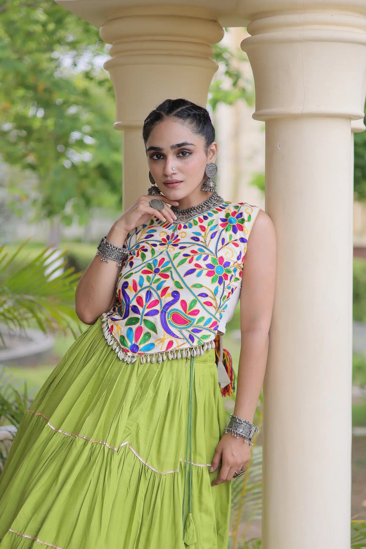 Parrot Green Garba Chaniya Choli With Kutchi Work Blouse