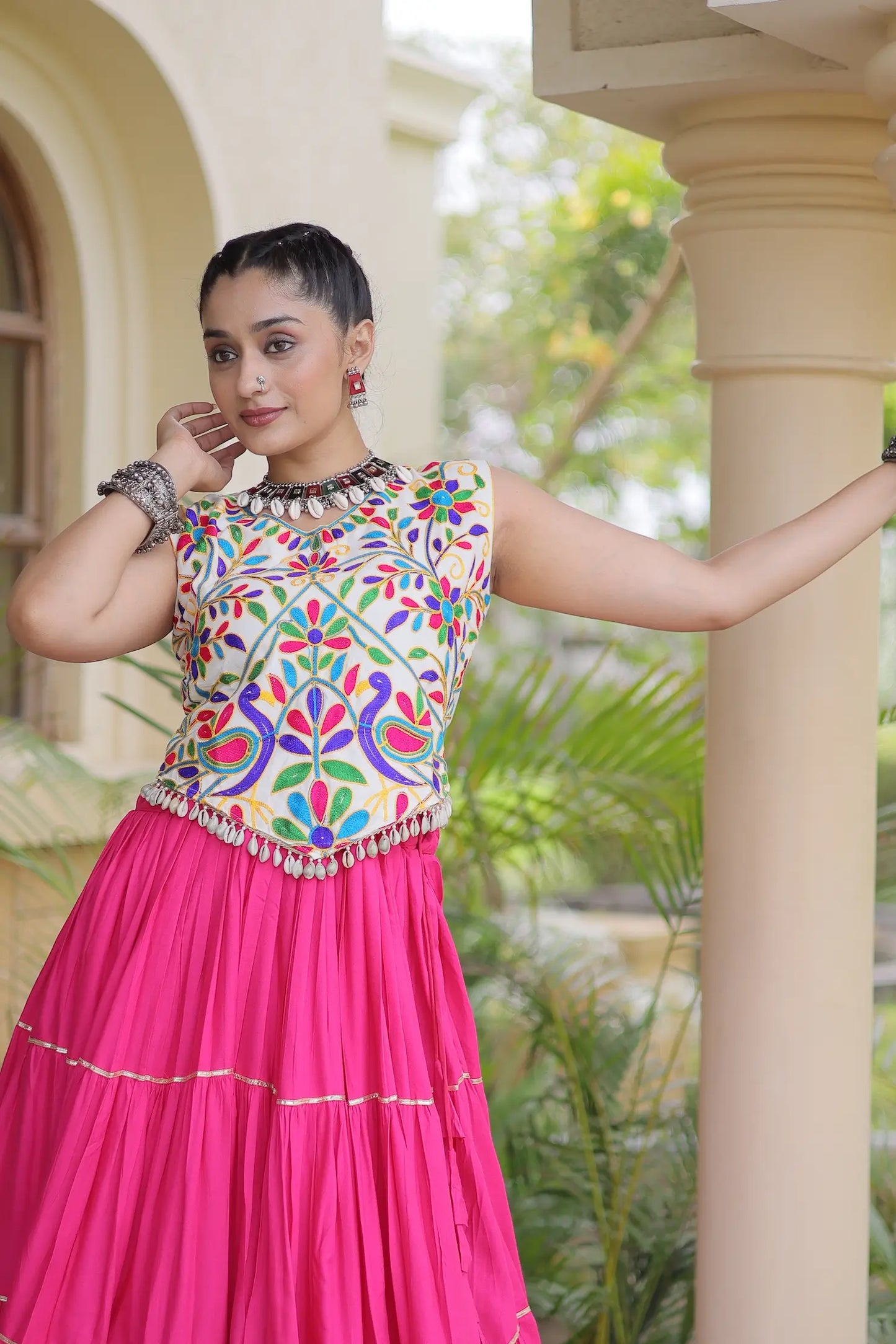 Pink Garba Chaniya Choli With Kutchi Work Blouse