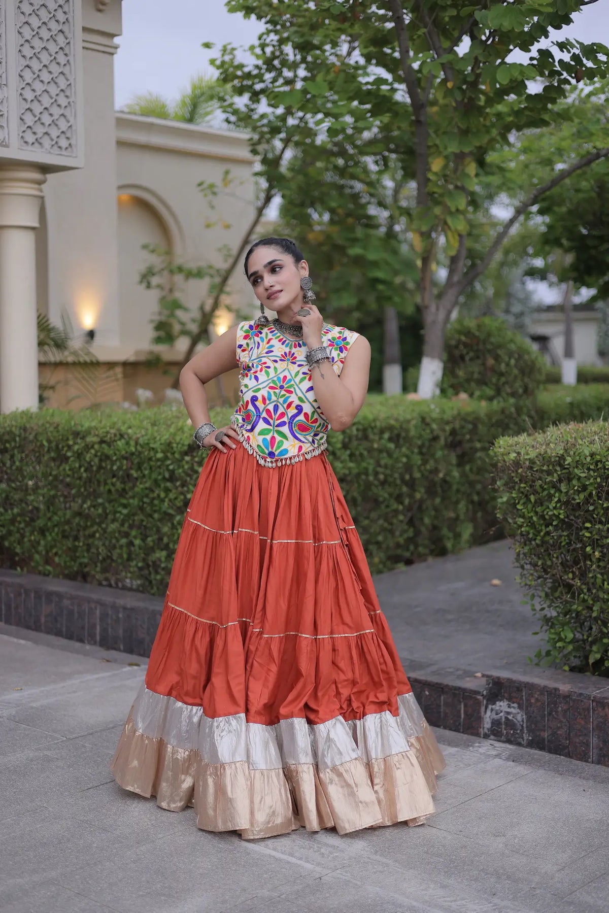 Rust Orange Garba Chaniya Choli With Kutchi Work Blouse