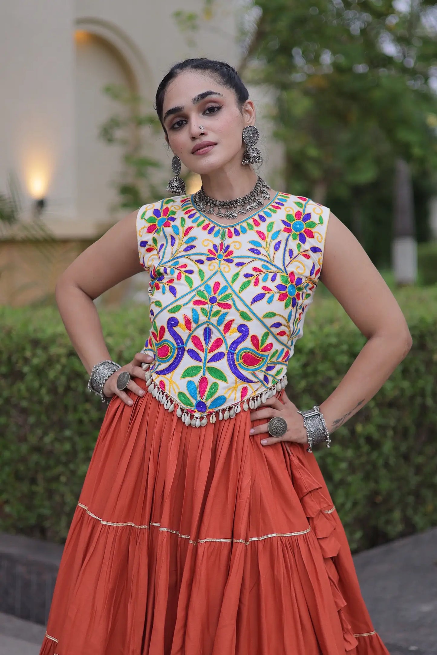 Rust Orange Garba Chaniya Choli With Kutchi Work Blouse