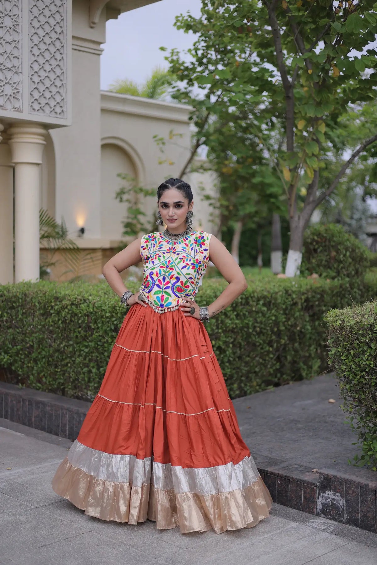Rust Orange Garba Chaniya Choli With Kutchi Work Blouse