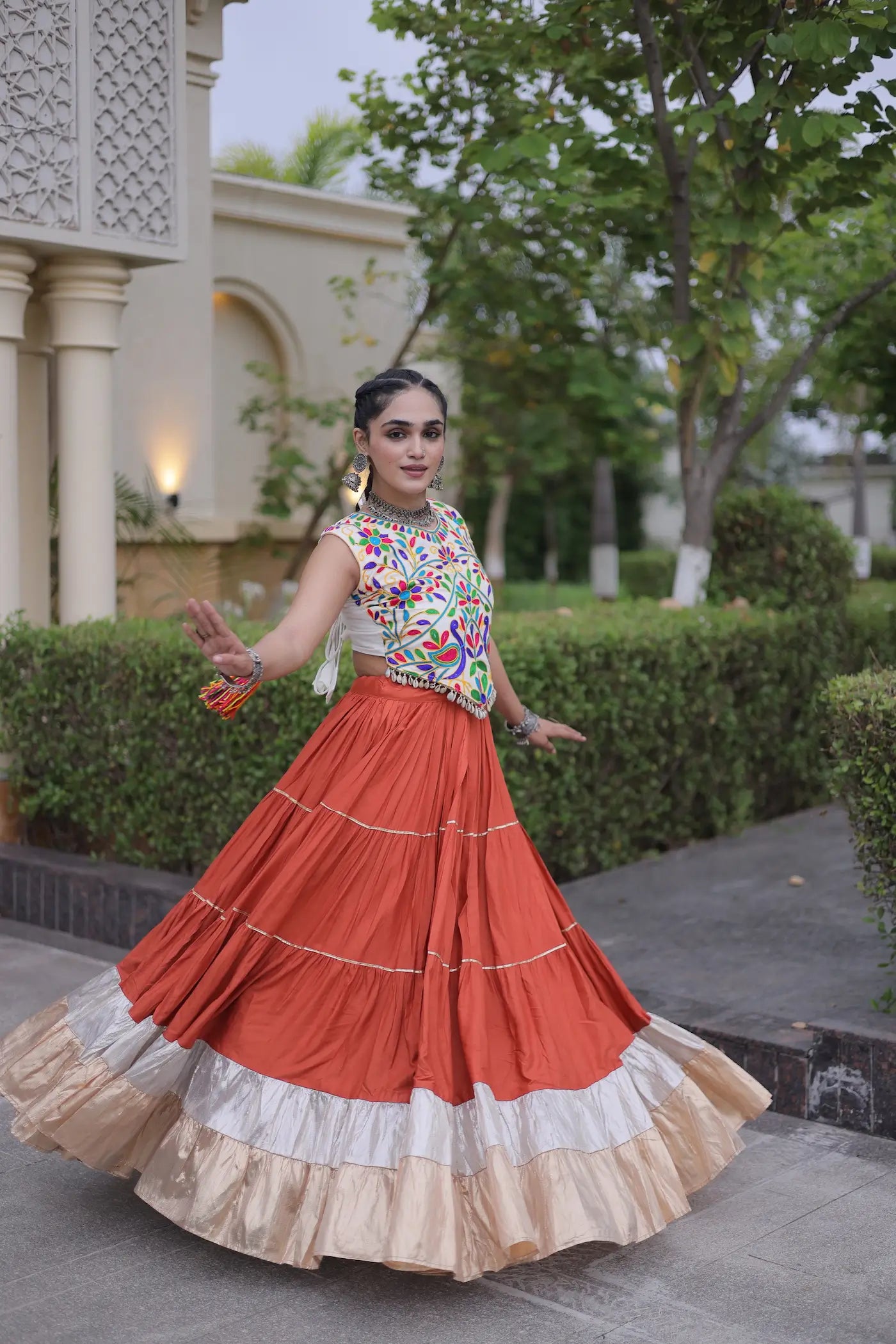 Rust Orange Garba Chaniya Choli With Kutchi Work Blouse