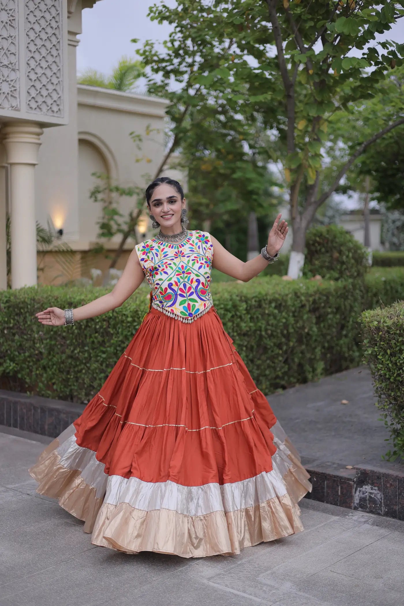 Rust Orange Garba Chaniya Choli With Kutchi Work Blouse