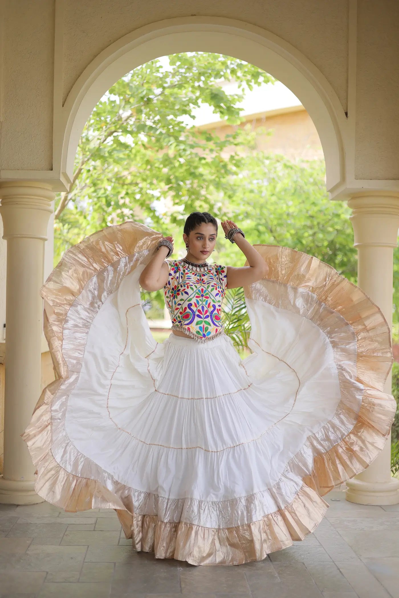 White Garba Chaniya Choli With Kutchi Work Blouse