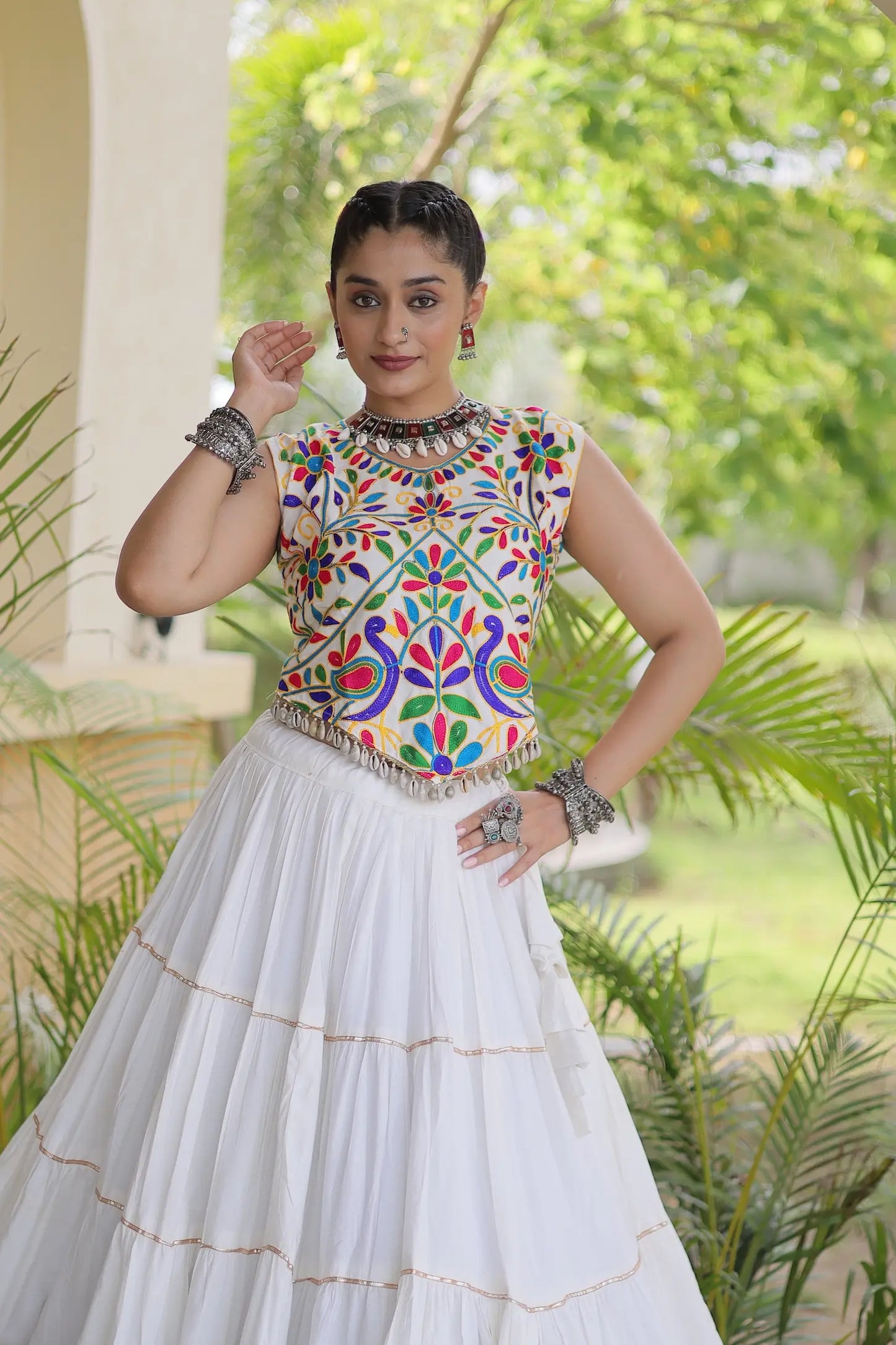 White Garba Chaniya Choli With Kutchi Work Blouse