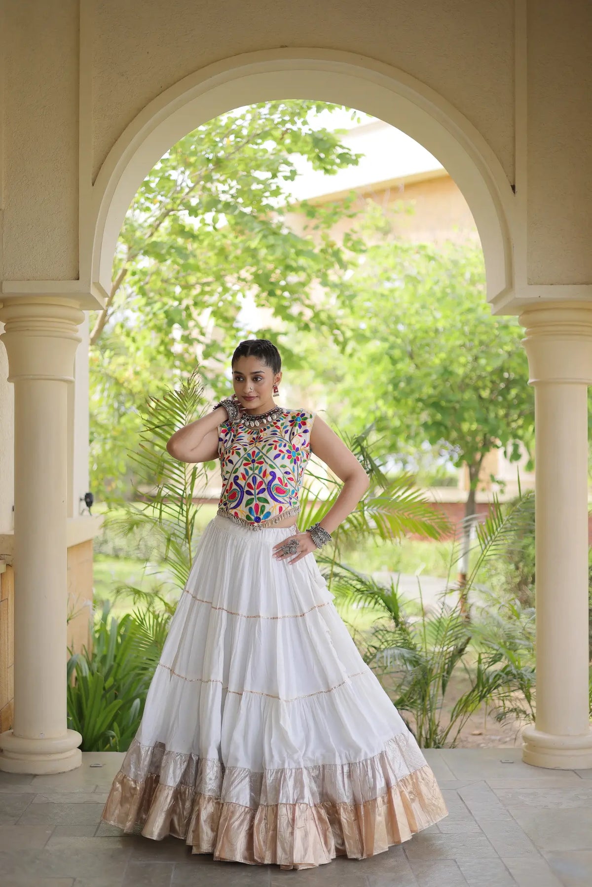 White Garba Chaniya Choli With Kutchi Work Blouse