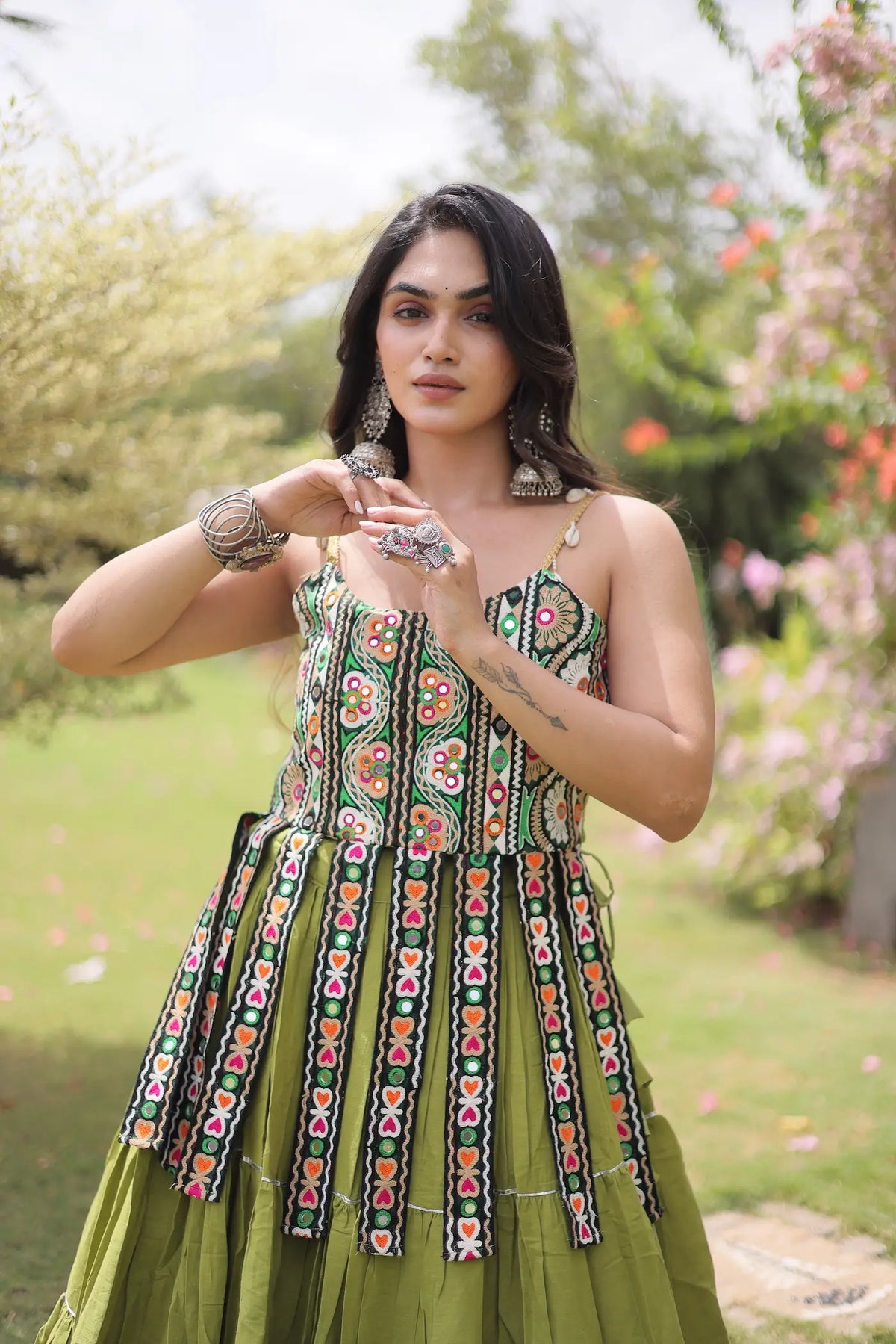 Green Kutchi Patch Work Garba Chaniya Choli