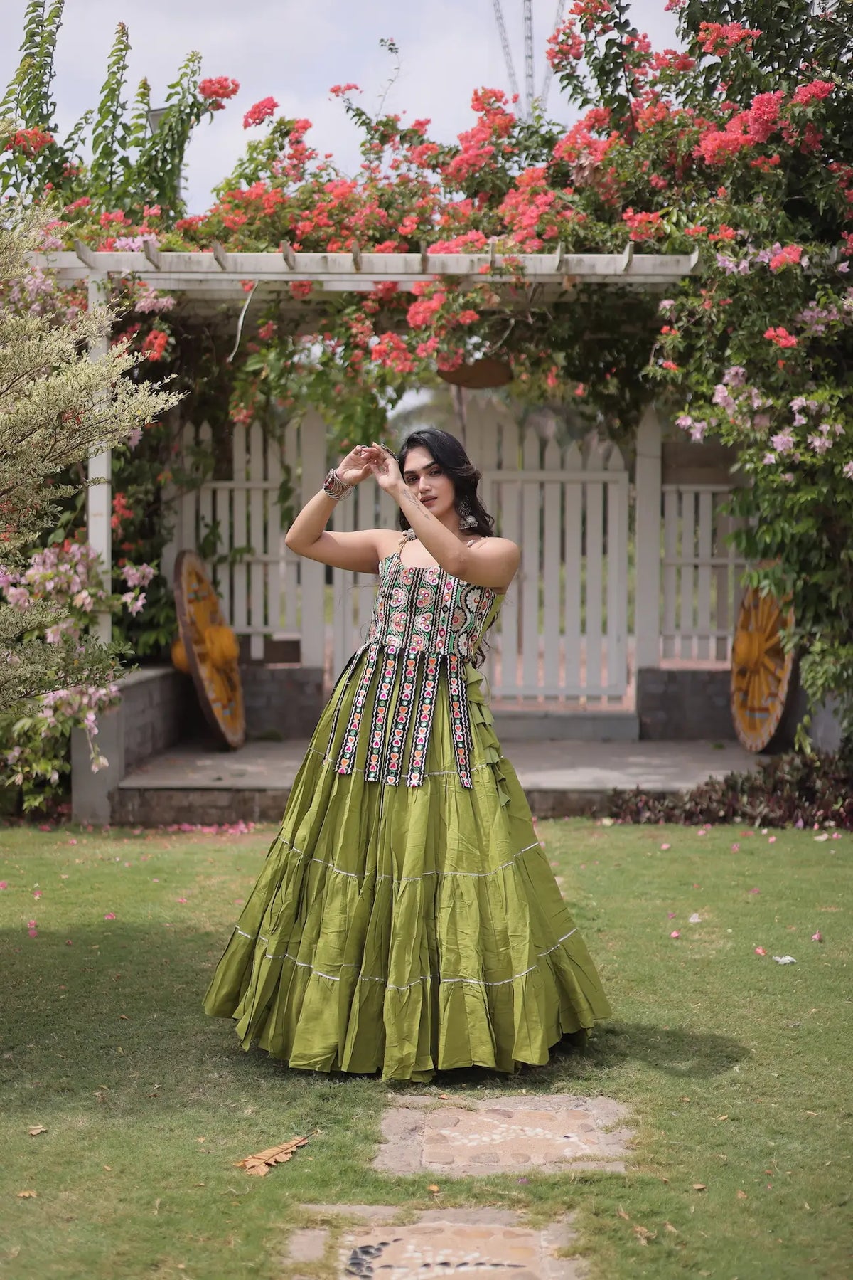 Green Kutchi Patch Work Garba Chaniya Choli