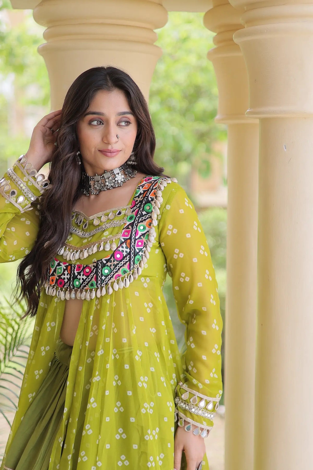Parrot Green Garba Chaniya Choli With Print & Gamthi Work